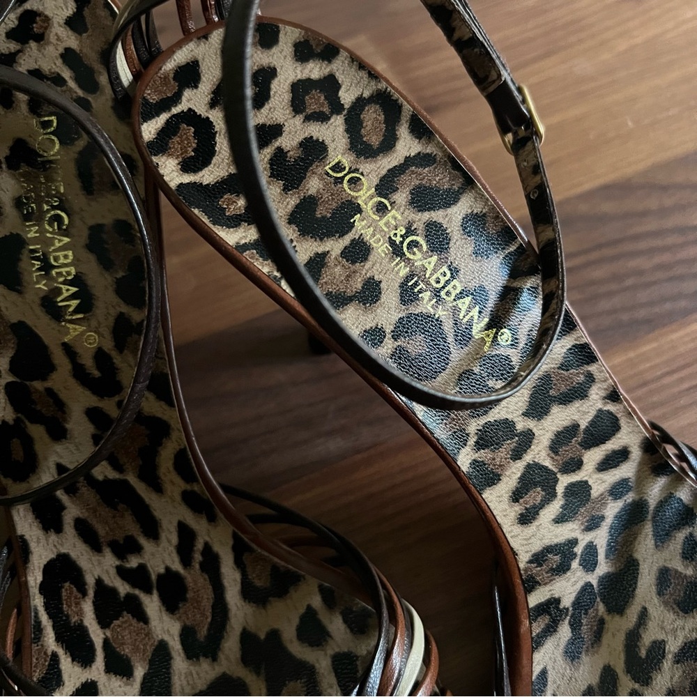Dolce & Gabbana Italian Leather Strappy Ankle Wrap Sandals Brown Leopard - Picture 3 of 11